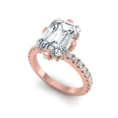 IGI Certified 3.81 carat radiant cut lab grown diamond engagement ring with hidden halo and round side stone accents in rose gold.