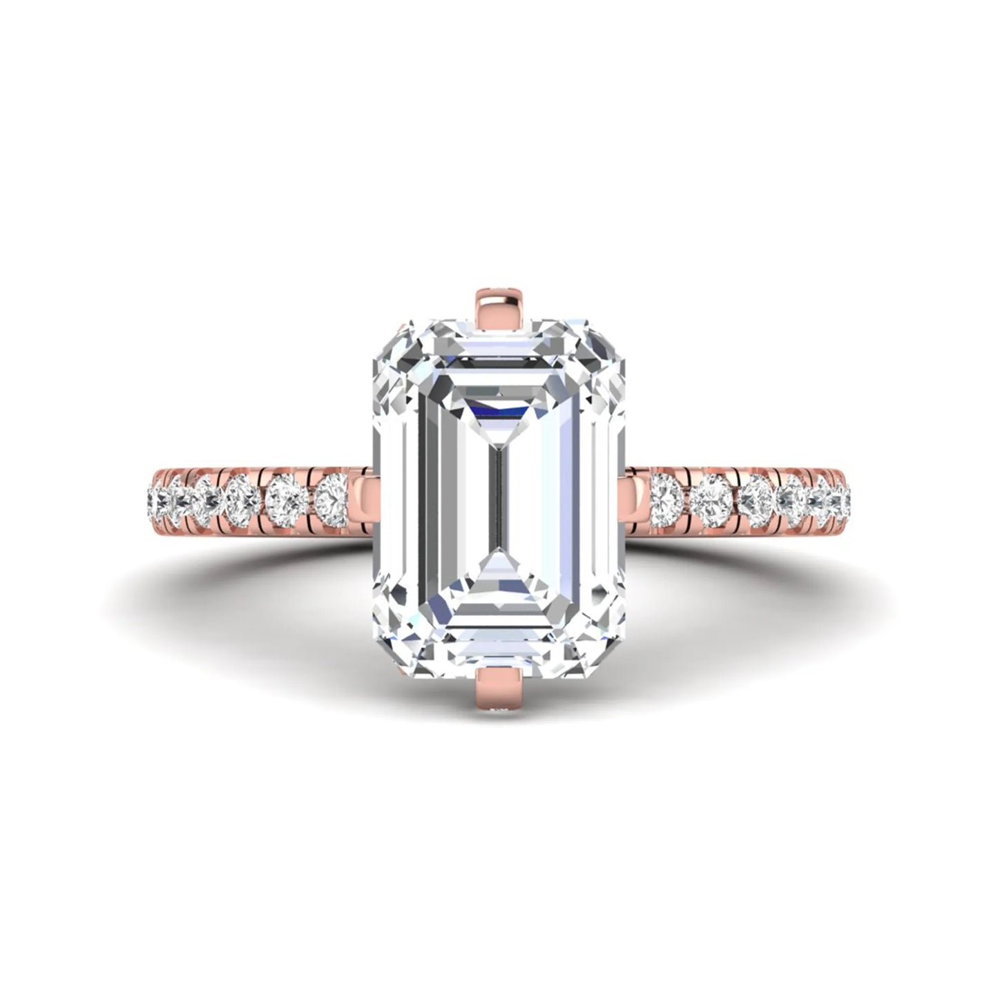 IGI Certified 3.81 carat radiant cut lab grown diamond engagement ring with hidden halo and round side stone accents in rose gold.