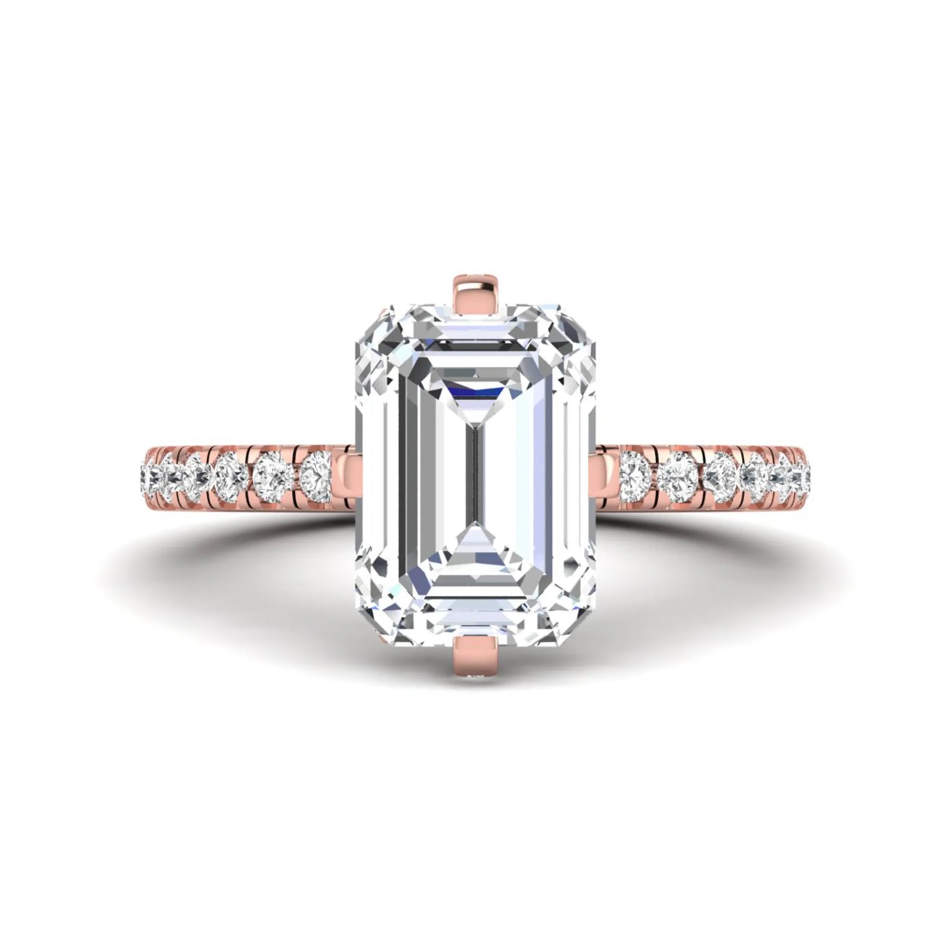IGI Certified 3.81 carat radiant cut lab grown diamond engagement ring with hidden halo and round side stone accents in rose gold.