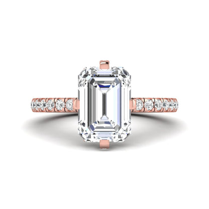 IGI Certified 3.81 carat radiant cut lab grown diamond engagement ring with hidden halo and round side stone accents in rose gold.
