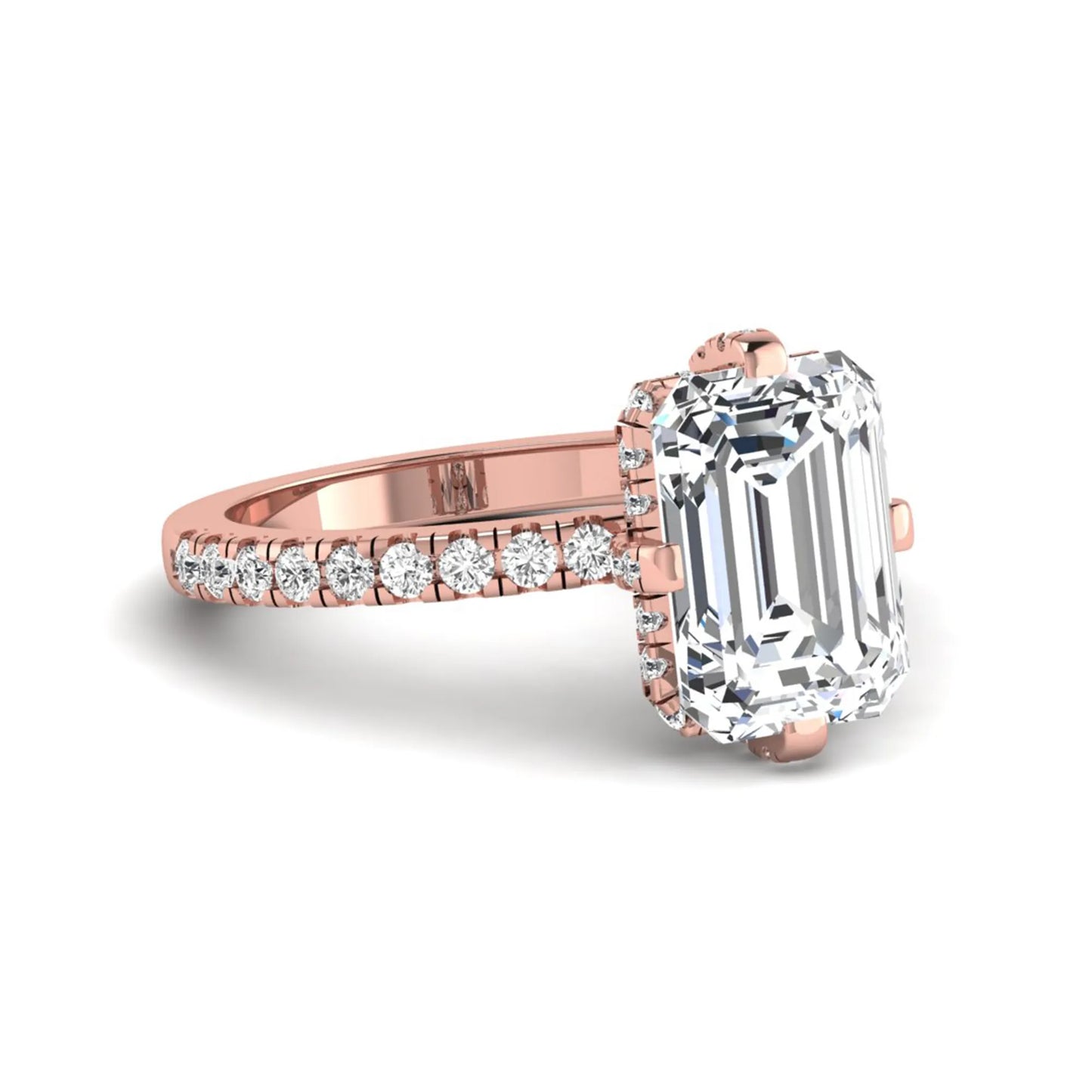 IGI Certified 3.81 carat radiant cut lab grown diamond engagement ring with hidden halo and round side stone accents in rose gold.