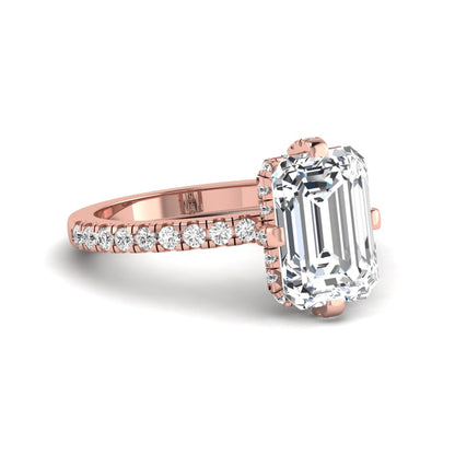 IGI Certified 3.81 carat radiant cut lab grown diamond engagement ring with hidden halo and round side stone accents in rose gold.