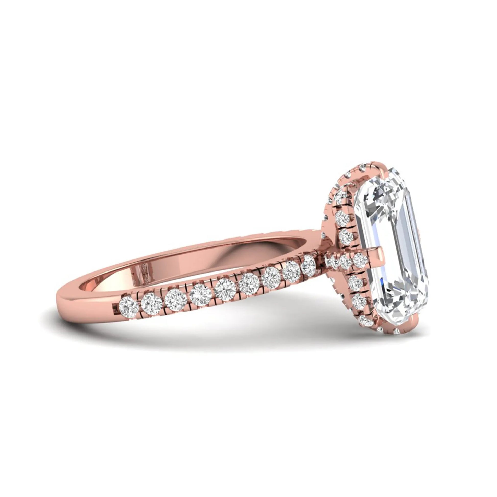 IGI Certified 3.81 carat radiant cut lab grown diamond engagement ring with hidden halo and round side stone accents in rose gold.