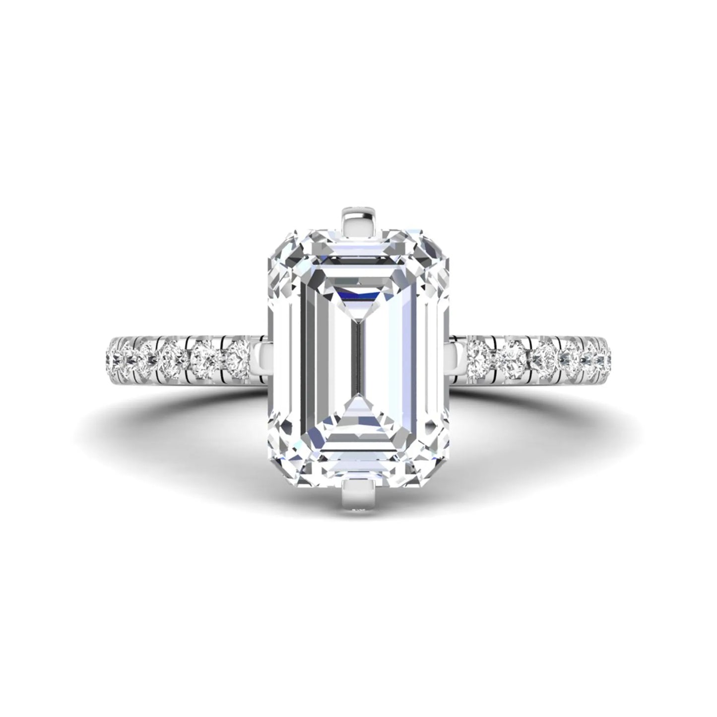 IGI Certified 3.81 carat radiant cut lab grown diamond engagement ring with hidden halo and round side stone accents in white gold.