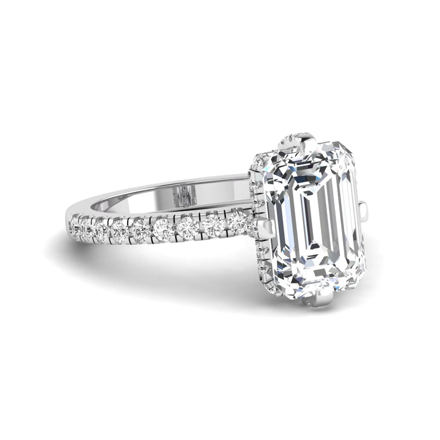 IGI Certified 3.81 carat radiant cut lab grown diamond engagement ring with hidden halo and round side stone accents in white gold.