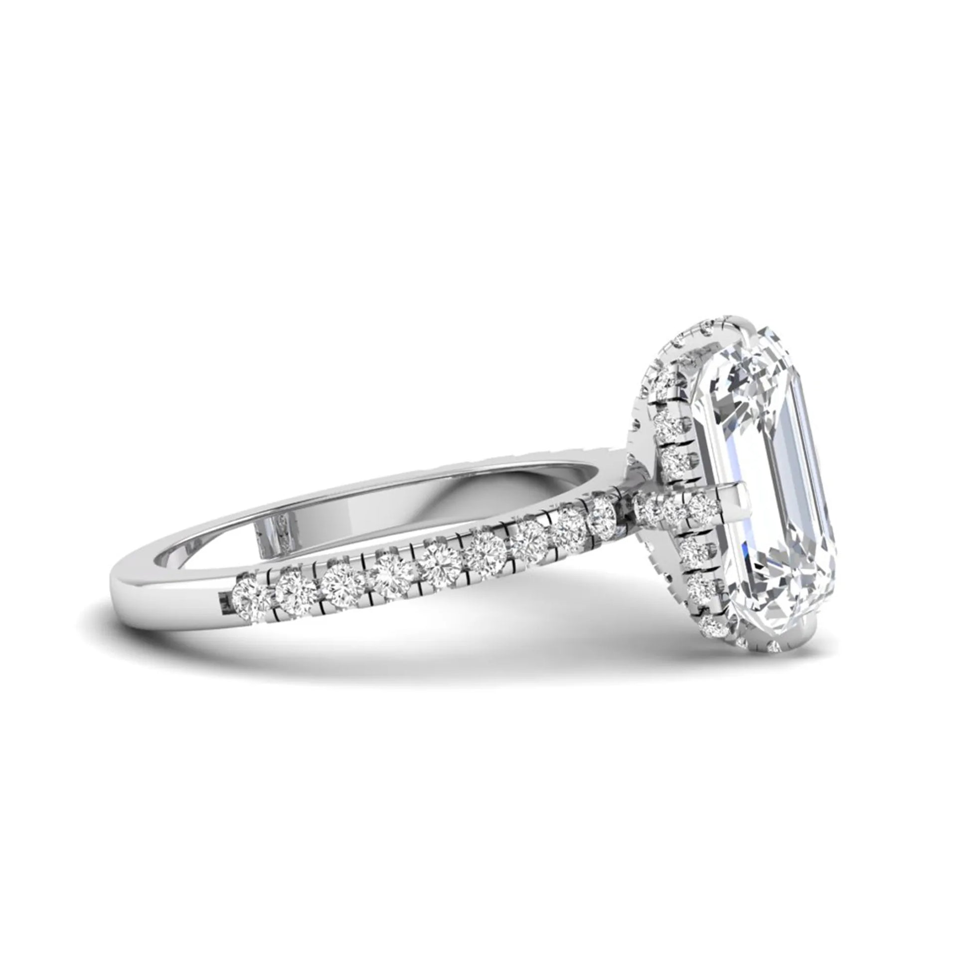 IGI Certified 3.81 carat radiant cut lab grown diamond engagement ring with hidden halo and round side stone accents in white gold.