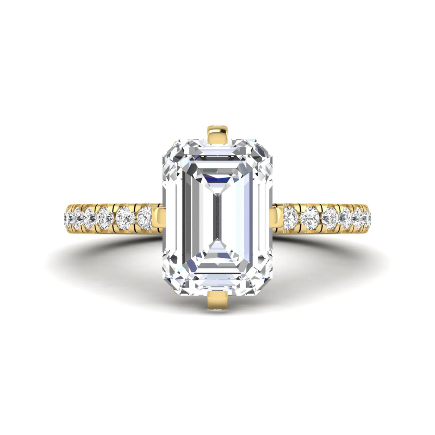 IGI Certified 3.81 carat radiant cut lab grown diamond engagement ring with hidden halo and round side stone accents in yellow gold.