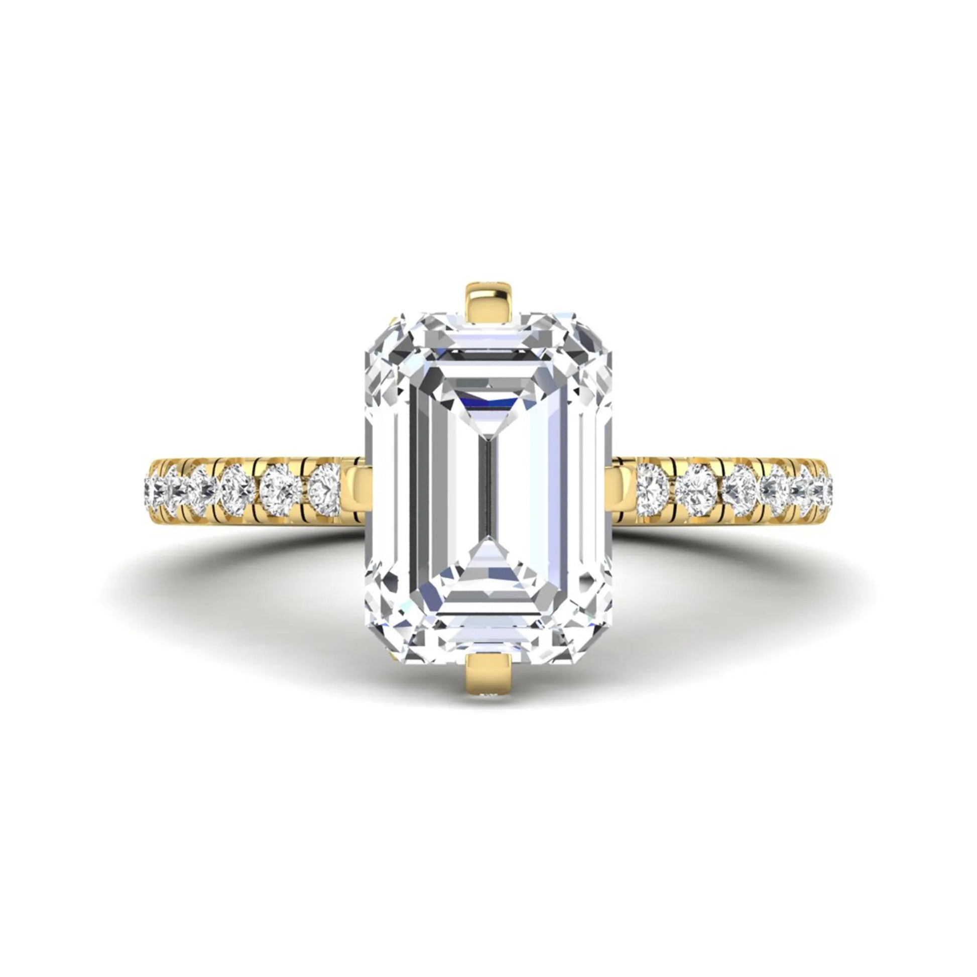 IGI Certified 3.81 carat radiant cut lab grown diamond engagement ring with hidden halo and round side stone accents in yellow gold.