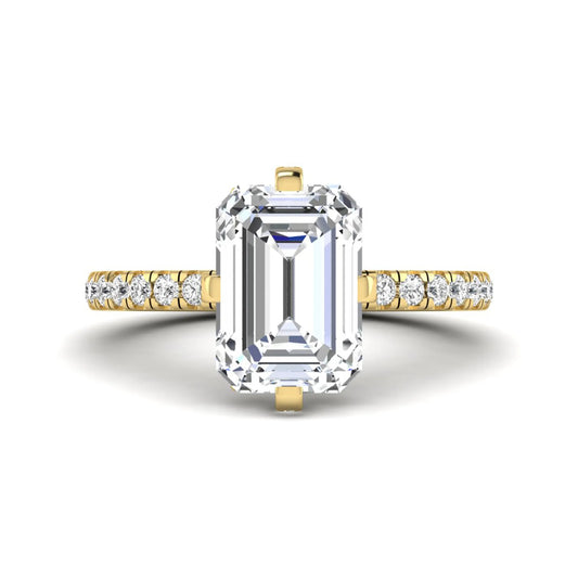 IGI Certified 3.81 carat radiant cut lab grown diamond engagement ring with hidden halo and round side stone accents in yellow gold.