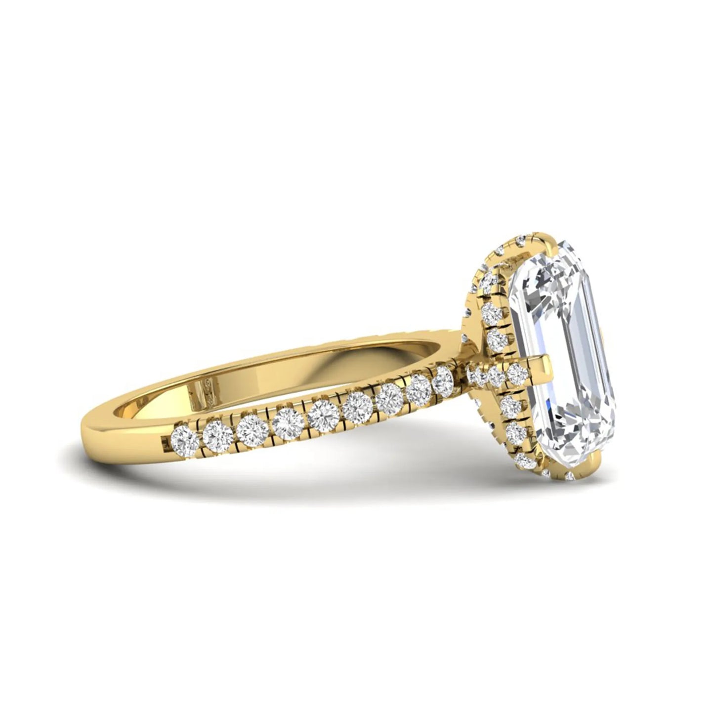 IGI Certified 3.81 carat radiant cut lab grown diamond engagement ring with hidden halo and round side stone accents in yellow gold.