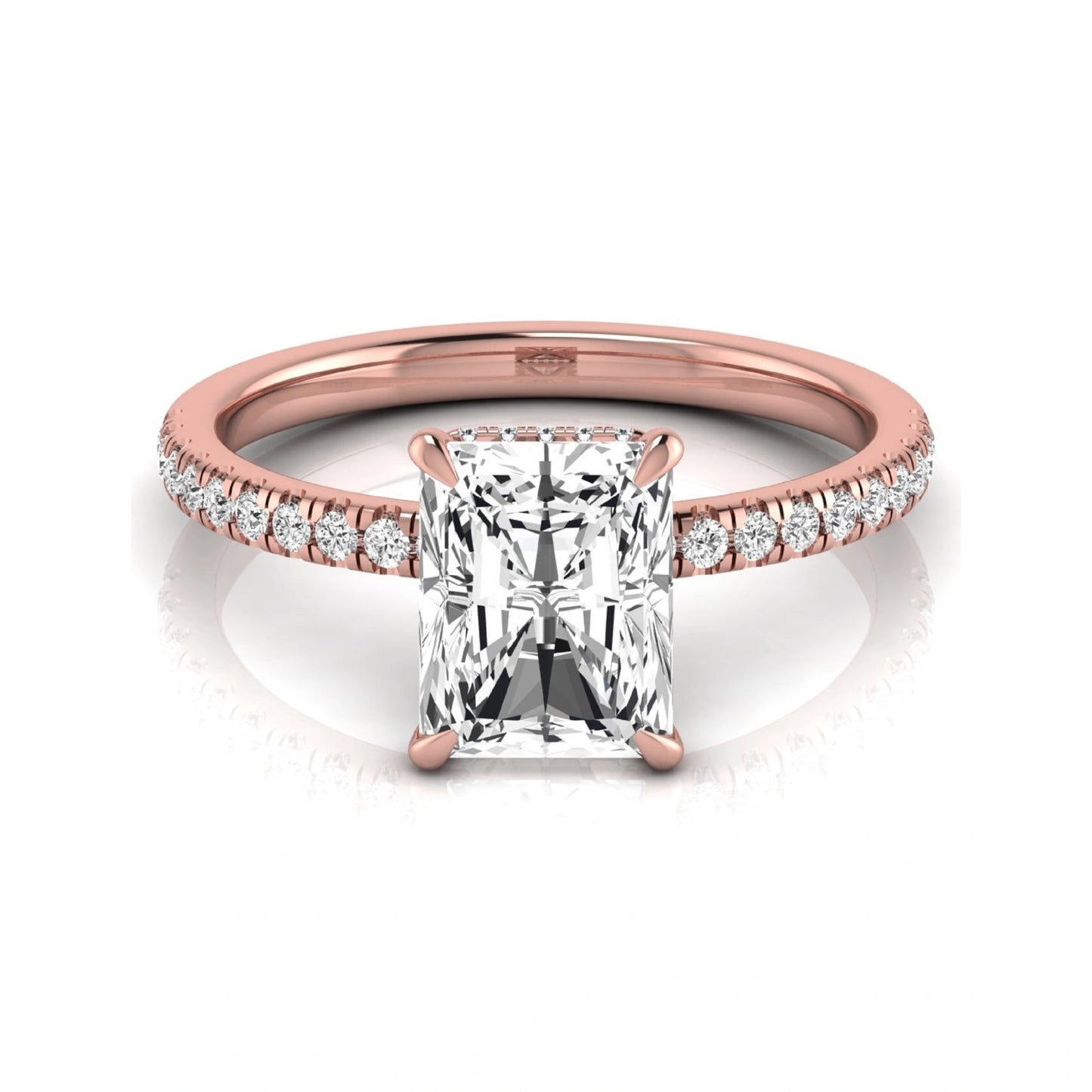 Radiant cut lab grown diamond engagement ring with hidden halo, pavé side diamonds, and four-prong setting in rose gold style.