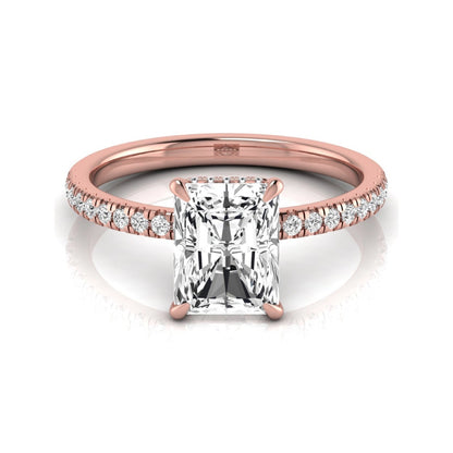 Radiant cut lab grown diamond engagement ring with hidden halo, pavé side diamonds, and four-prong setting in rose gold style.