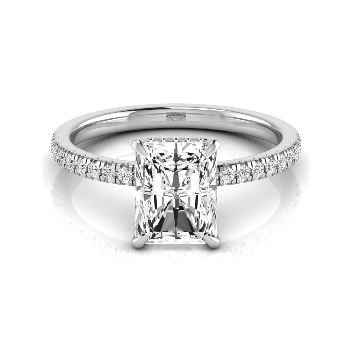 Radiant cut lab grown diamond engagement ring with hidden halo, pavé side diamonds, and four-prong setting in white gold style.