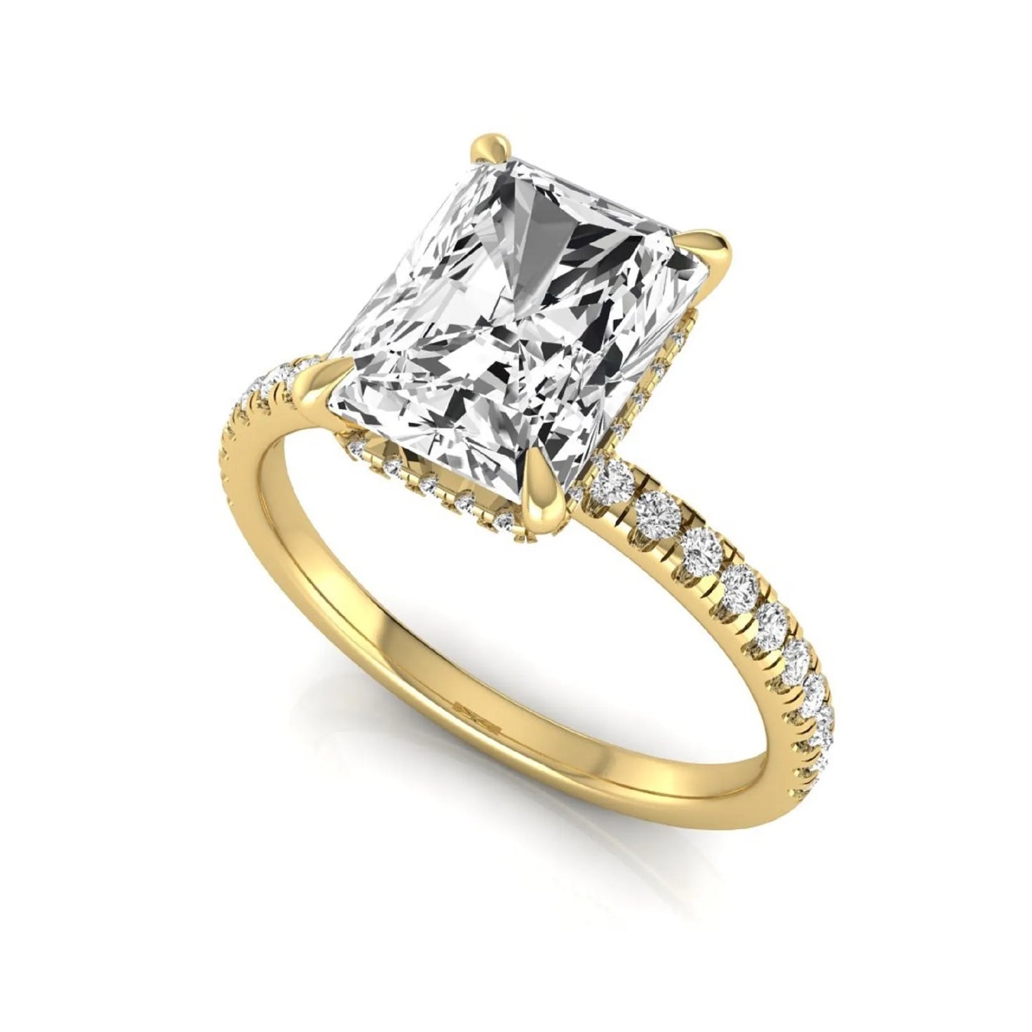Radiant cut lab grown diamond engagement ring with hidden halo, pavé side diamonds, and four-prong setting in yellow gold style.