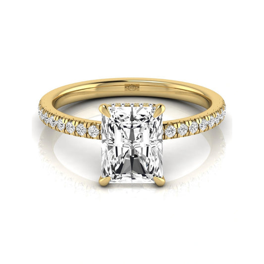Radiant cut lab grown diamond engagement ring with hidden halo, pavé side diamonds, and four-prong setting in yellow gold style.