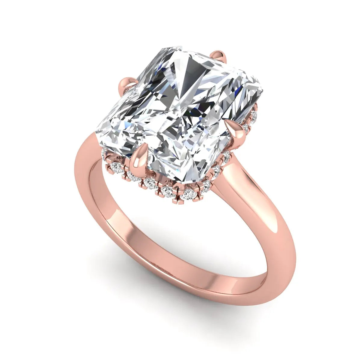 Radiant cut lab grown diamond hidden halo solitaire engagement ring with a four-prong setting and polished rose gold band.