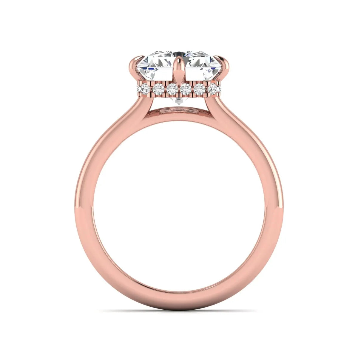 Radiant cut lab grown diamond hidden halo solitaire engagement ring with a four-prong setting and polished rose gold band.
