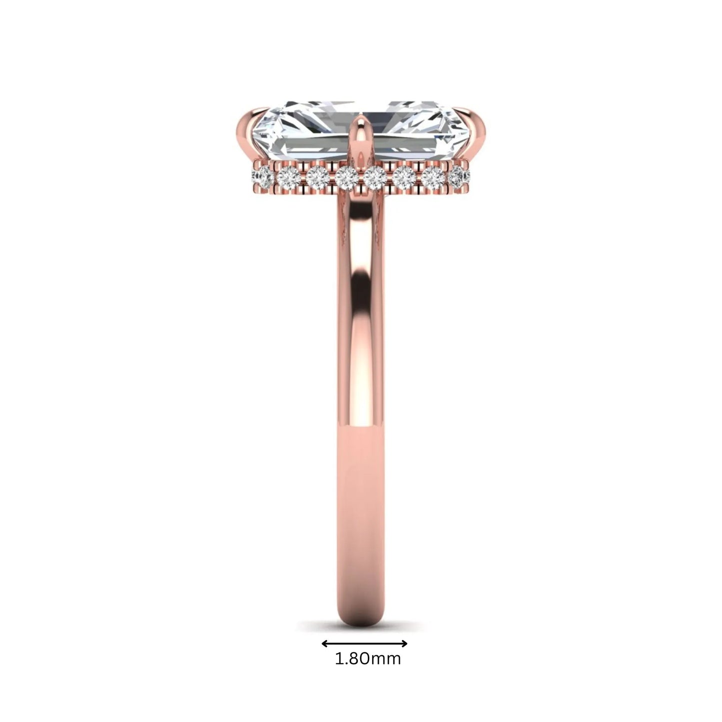 Radiant cut lab grown diamond hidden halo solitaire engagement ring with a four-prong setting and polished rose gold band.