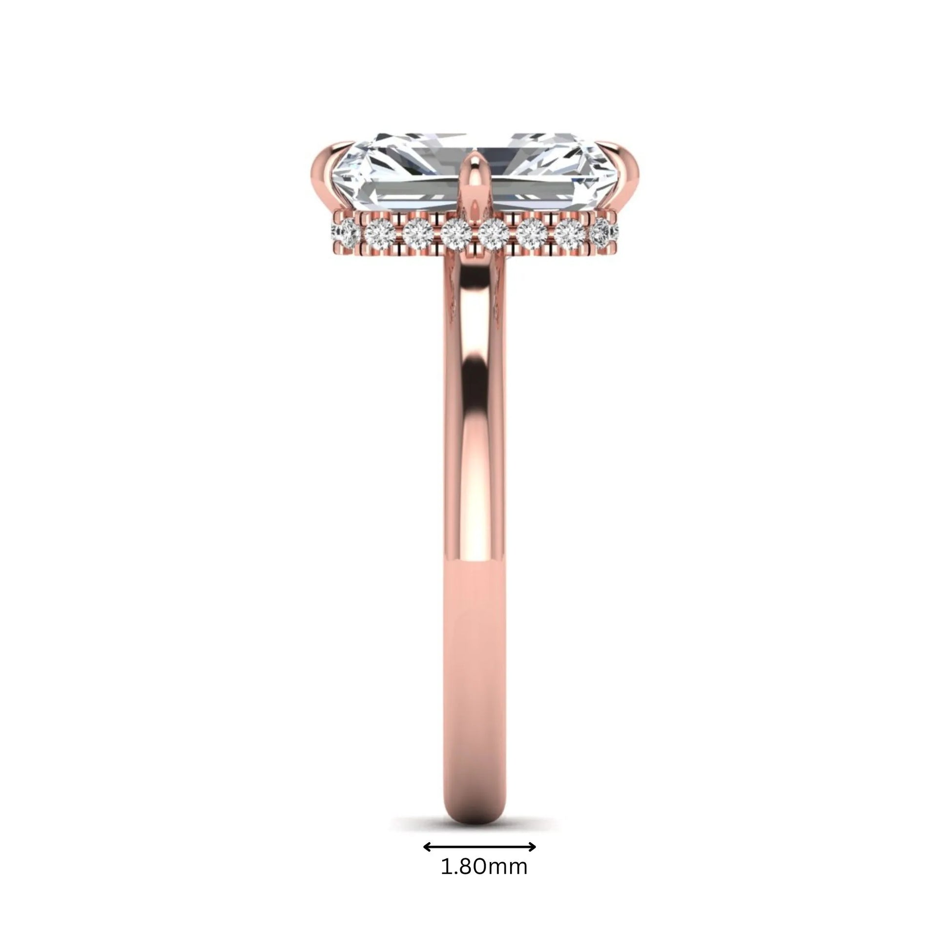 Radiant cut lab grown diamond hidden halo solitaire engagement ring with a four-prong setting and polished rose gold band.