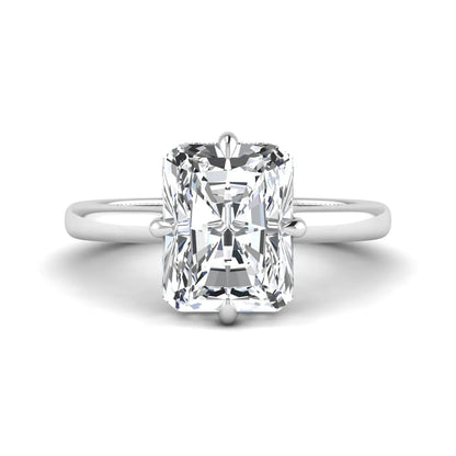 Radiant cut lab grown diamond hidden halo solitaire engagement ring with a four-prong setting and polished white gold band.