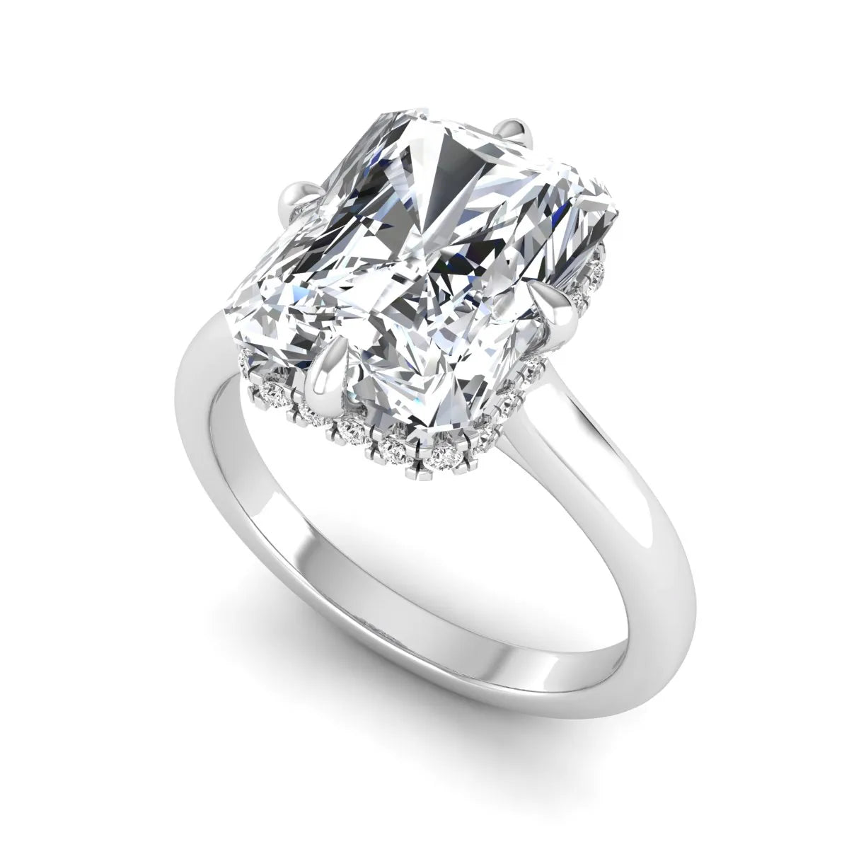 Radiant cut lab grown diamond hidden halo solitaire engagement ring with a four-prong setting and polished white gold band.