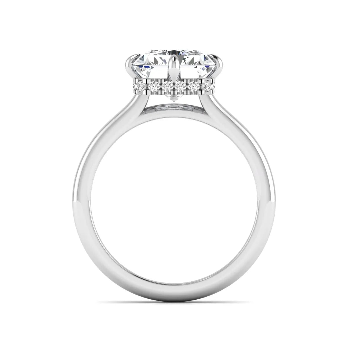 Radiant cut lab grown diamond hidden halo solitaire engagement ring with a four-prong setting and polished white gold band.