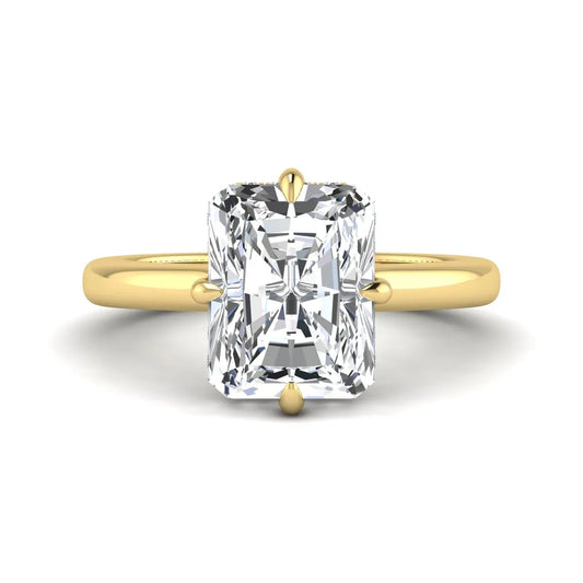 Radiant cut lab grown diamond hidden halo solitaire engagement ring with a four-prong setting and polished yellow gold band.