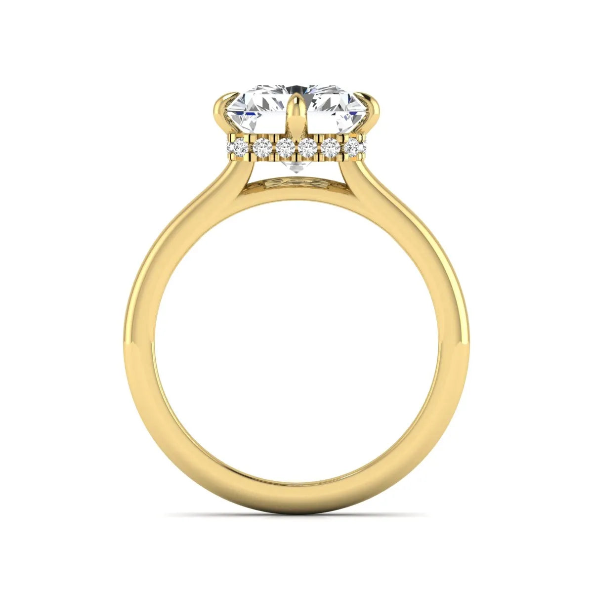 Radiant cut lab grown diamond hidden halo solitaire engagement ring with a four-prong setting and polished yellow gold band.