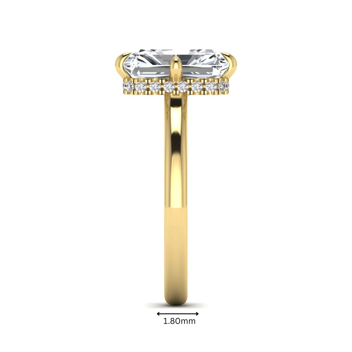 Radiant cut lab grown diamond hidden halo solitaire engagement ring with a four-prong setting and polished yellow gold band.