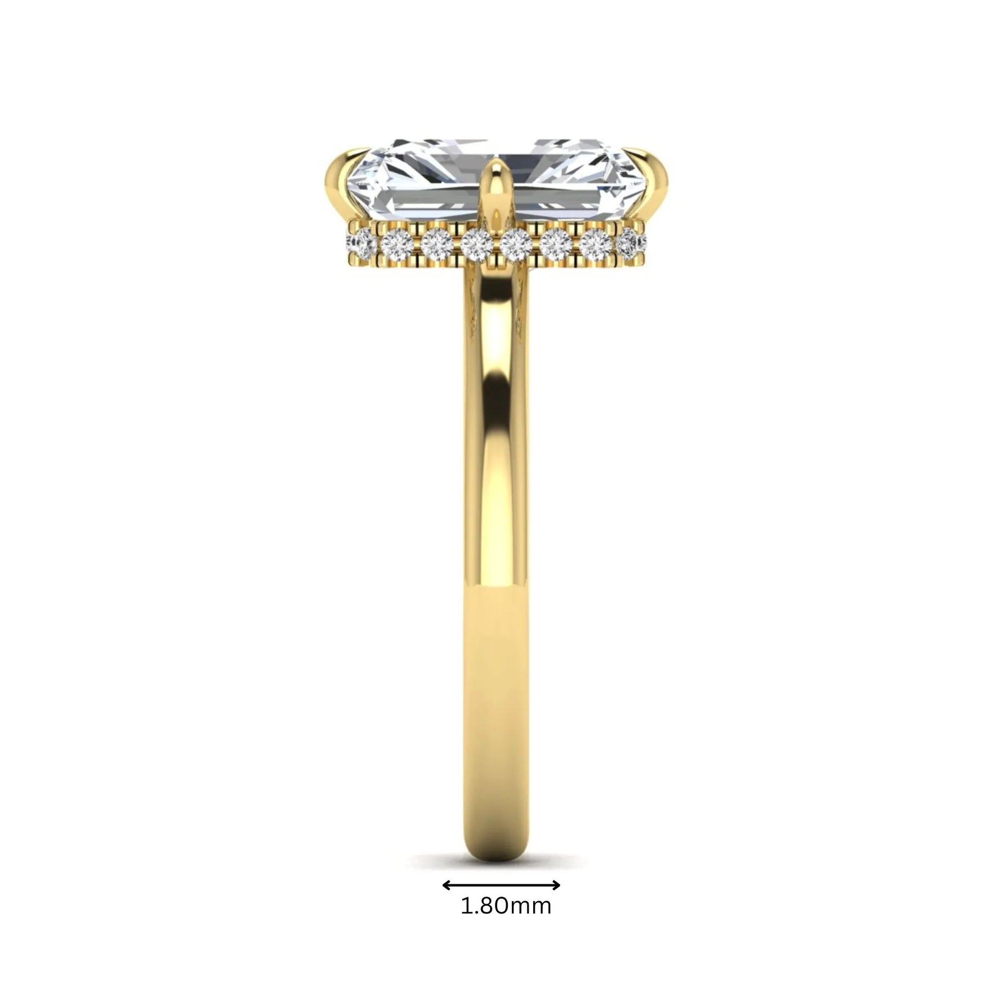 Radiant cut lab grown diamond hidden halo solitaire engagement ring with a four-prong setting and polished yellow gold band.