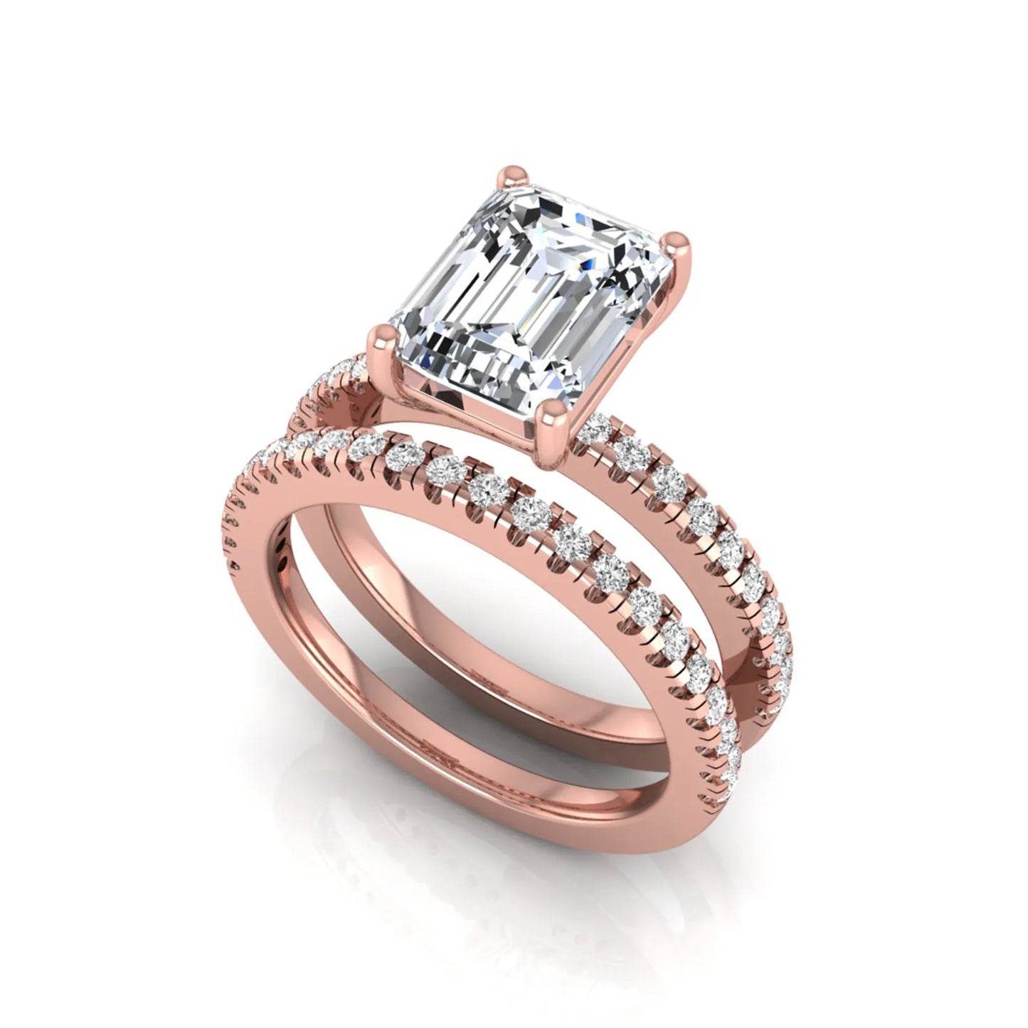 Radiant lab grown diamond double pavé bridal ring set featuring a 2.62 carat IGI certified radiant center diamond with matching pavé wedding band in rose gold.