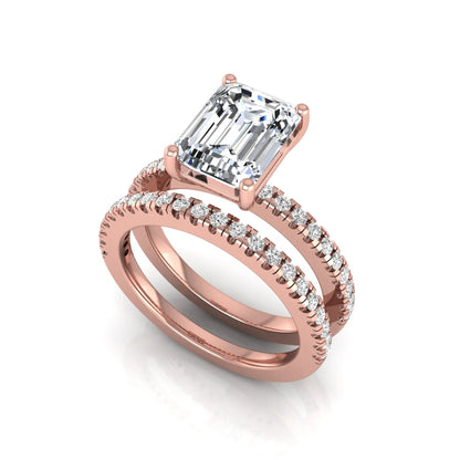 Radiant lab grown diamond double pavé bridal ring set featuring a 2.62 carat IGI certified radiant center diamond with matching pavé wedding band in rose gold.