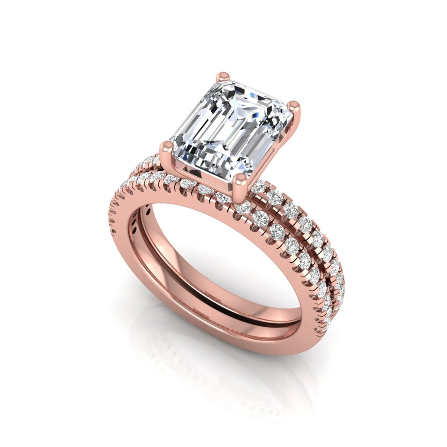 Radiant lab grown diamond double pavé bridal ring set featuring a 2.62 carat IGI certified radiant center diamond with matching pavé wedding band in rose gold.