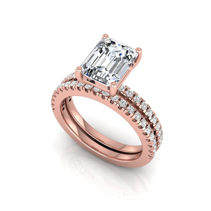 Radiant lab grown diamond double pavé bridal ring set featuring a 2.62 carat IGI certified radiant center diamond with matching pavé wedding band in rose gold.