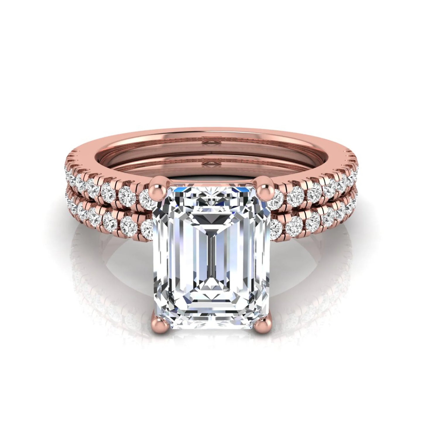 Radiant lab grown diamond double pavé bridal ring set featuring a 2.62 carat IGI certified radiant center diamond with matching pavé wedding band in rose gold.
