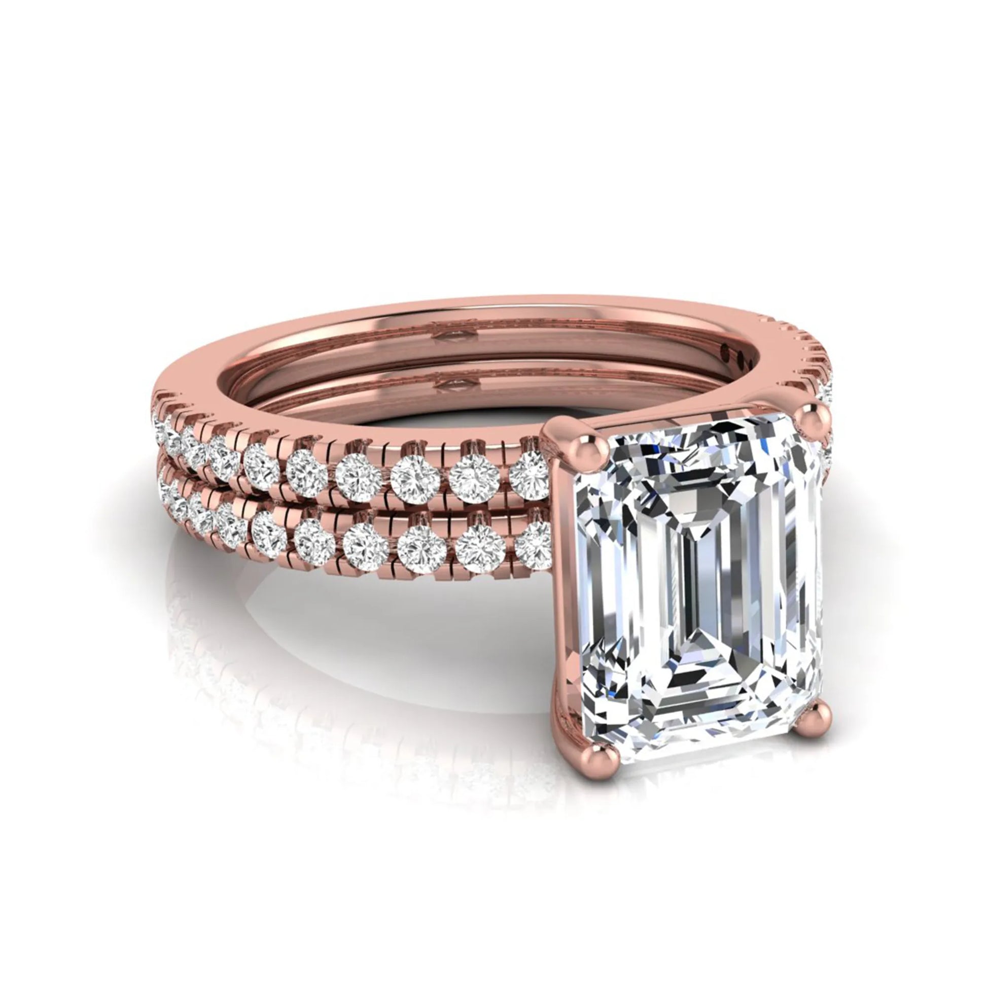 Radiant lab grown diamond double pavé bridal ring set featuring a 2.62 carat IGI certified radiant center diamond with matching pavé wedding band in rose gold.