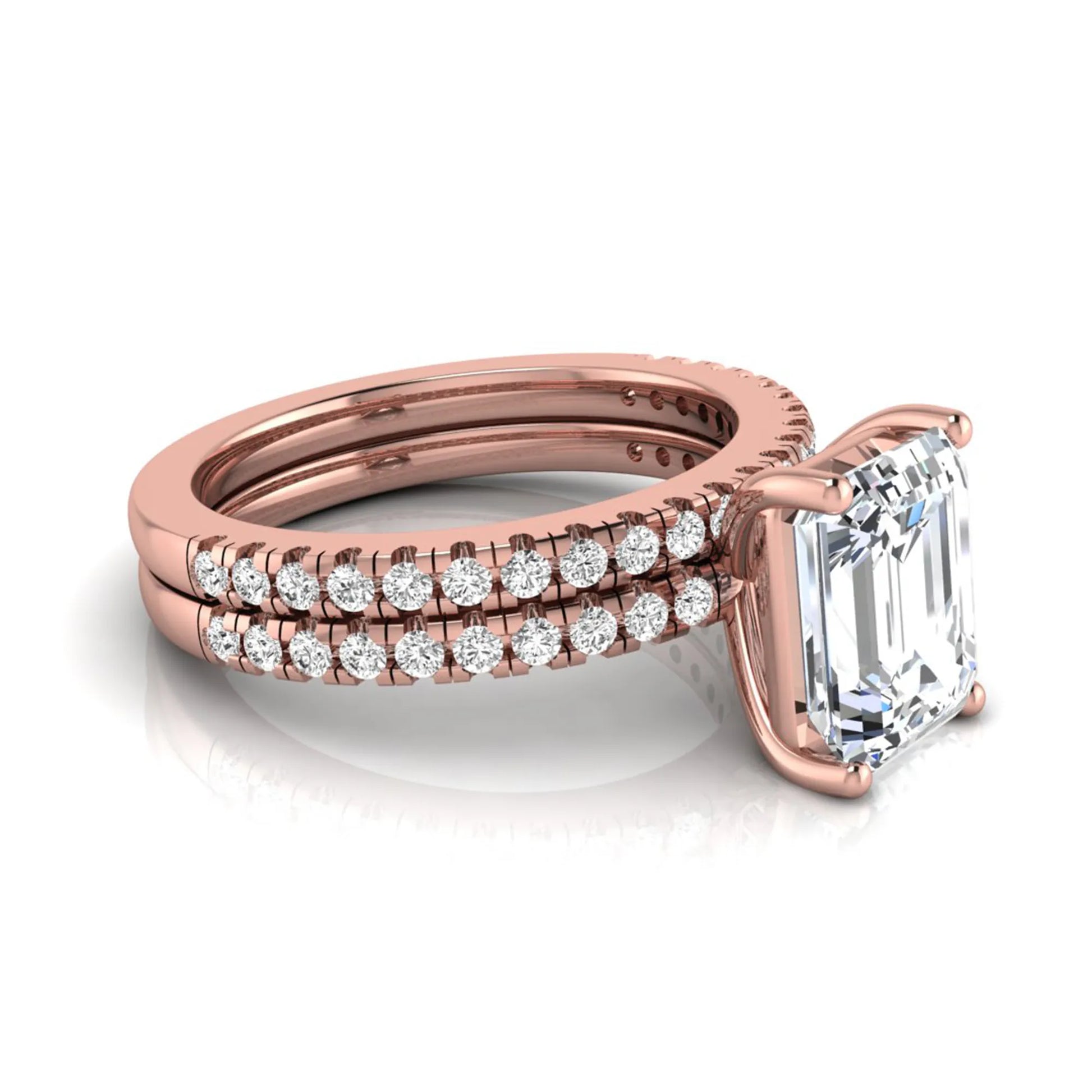 Radiant lab grown diamond double pavé bridal ring set featuring a 2.62 carat IGI certified radiant center diamond with matching pavé wedding band in rose gold.