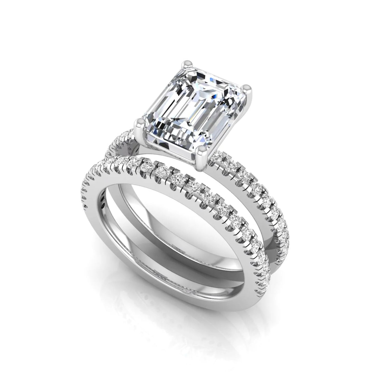 Radiant lab grown diamond double pavé bridal ring set featuring a 2.62 carat IGI certified radiant center diamond with matching pavé wedding band in white gold.