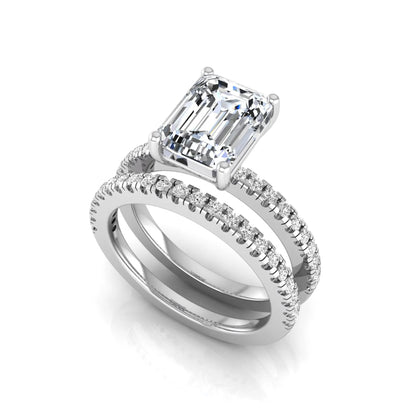 Radiant lab grown diamond double pavé bridal ring set featuring a 2.62 carat IGI certified radiant center diamond with matching pavé wedding band in white gold.