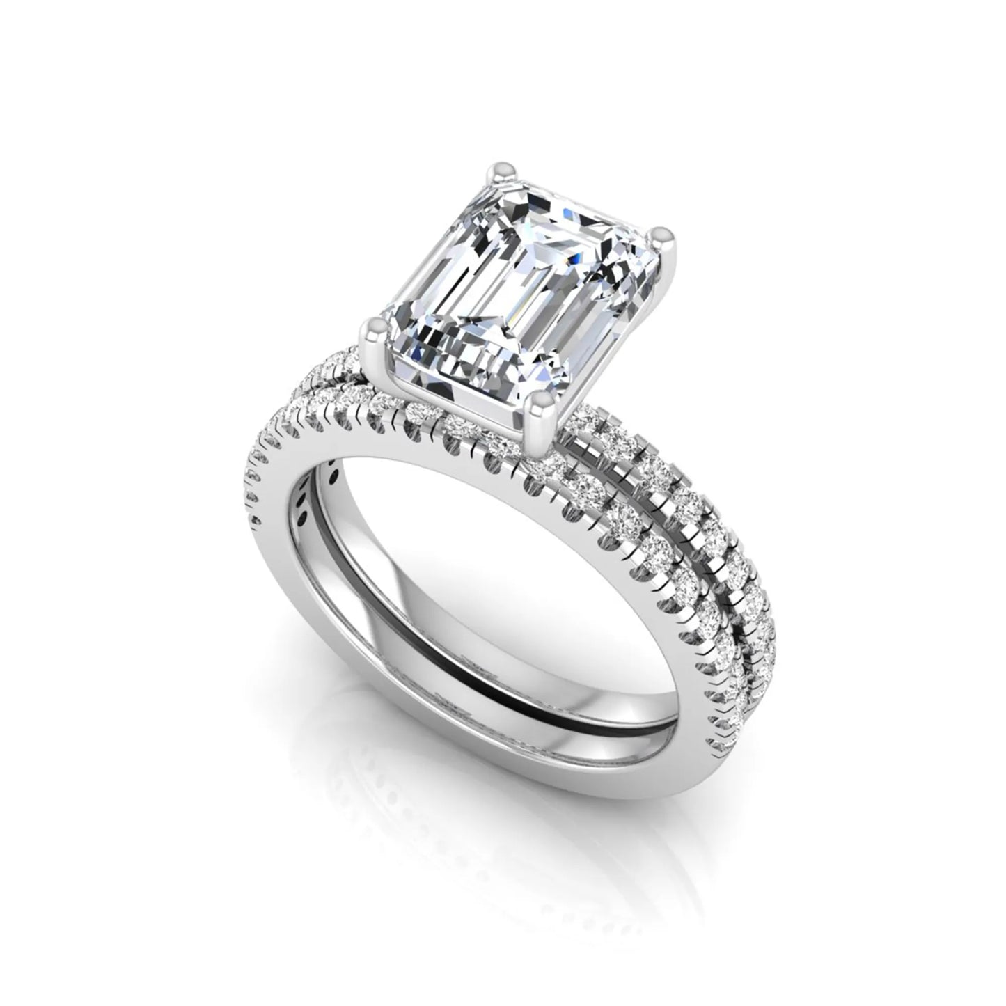 Radiant lab grown diamond double pavé bridal ring set featuring a 2.62 carat IGI certified radiant center diamond with matching pavé wedding band in white gold.