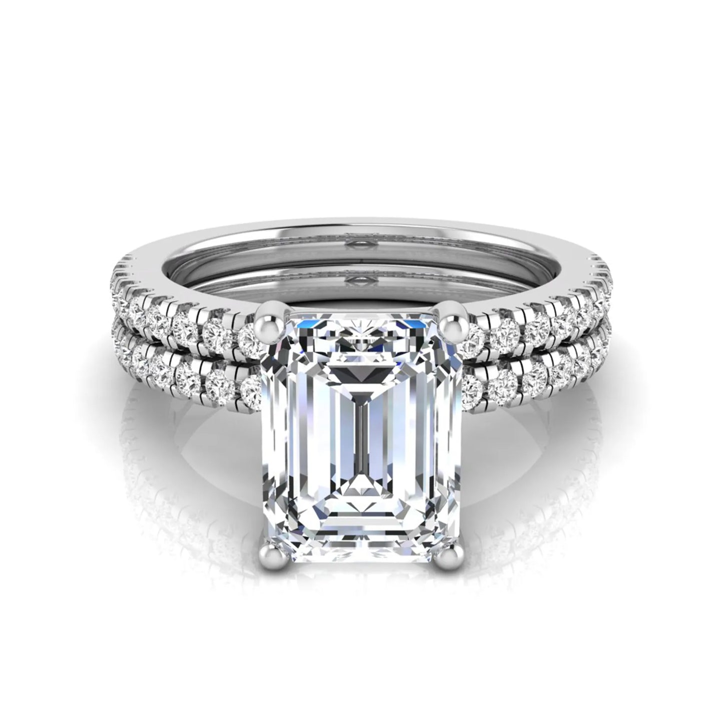 Radiant lab grown diamond double pavé bridal ring set featuring a 2.62 carat IGI certified radiant center diamond with matching pavé wedding band in white gold.