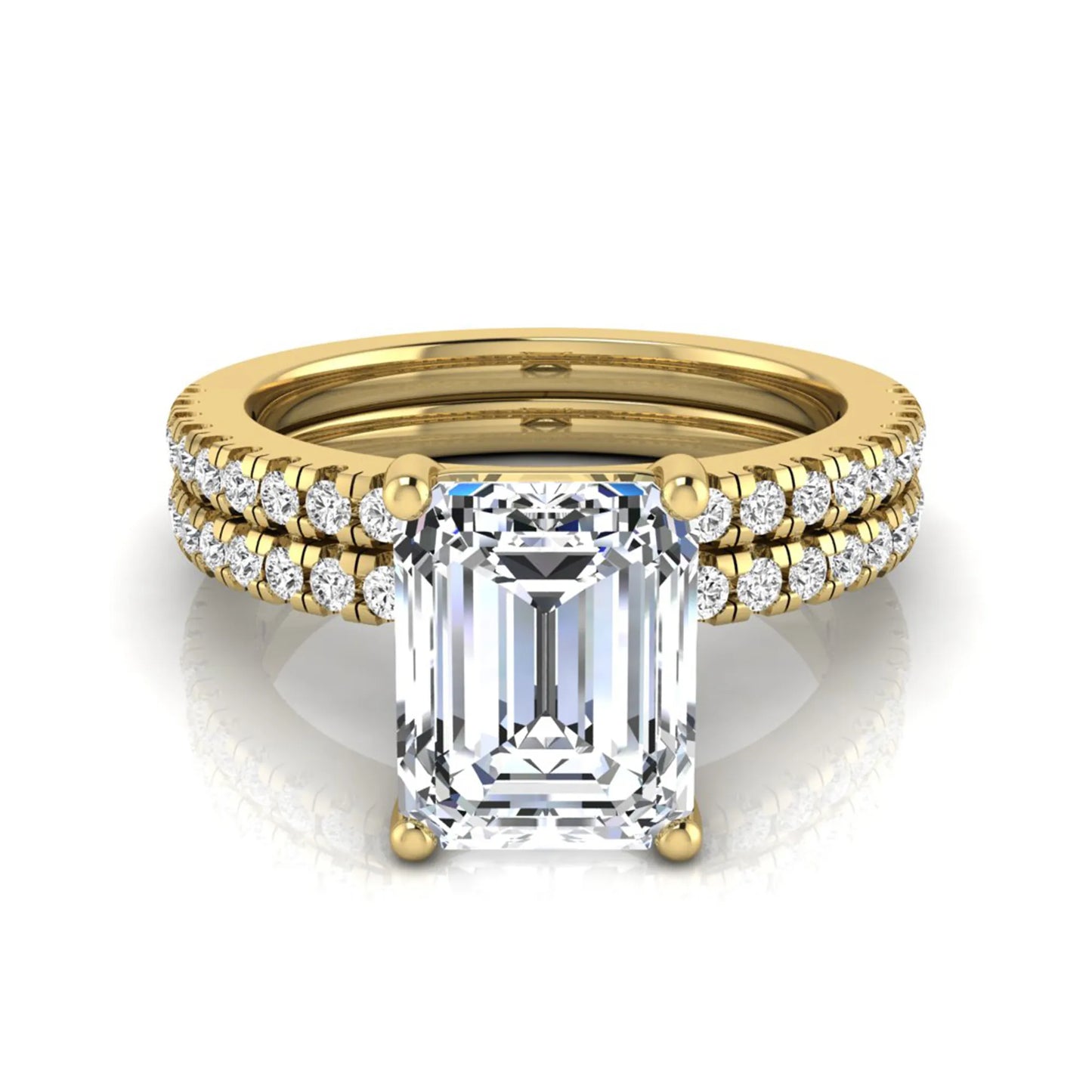 Radiant lab grown diamond double pavé bridal ring set featuring a 2.62 carat IGI certified radiant center diamond with matching pavé wedding band in yellow gold.