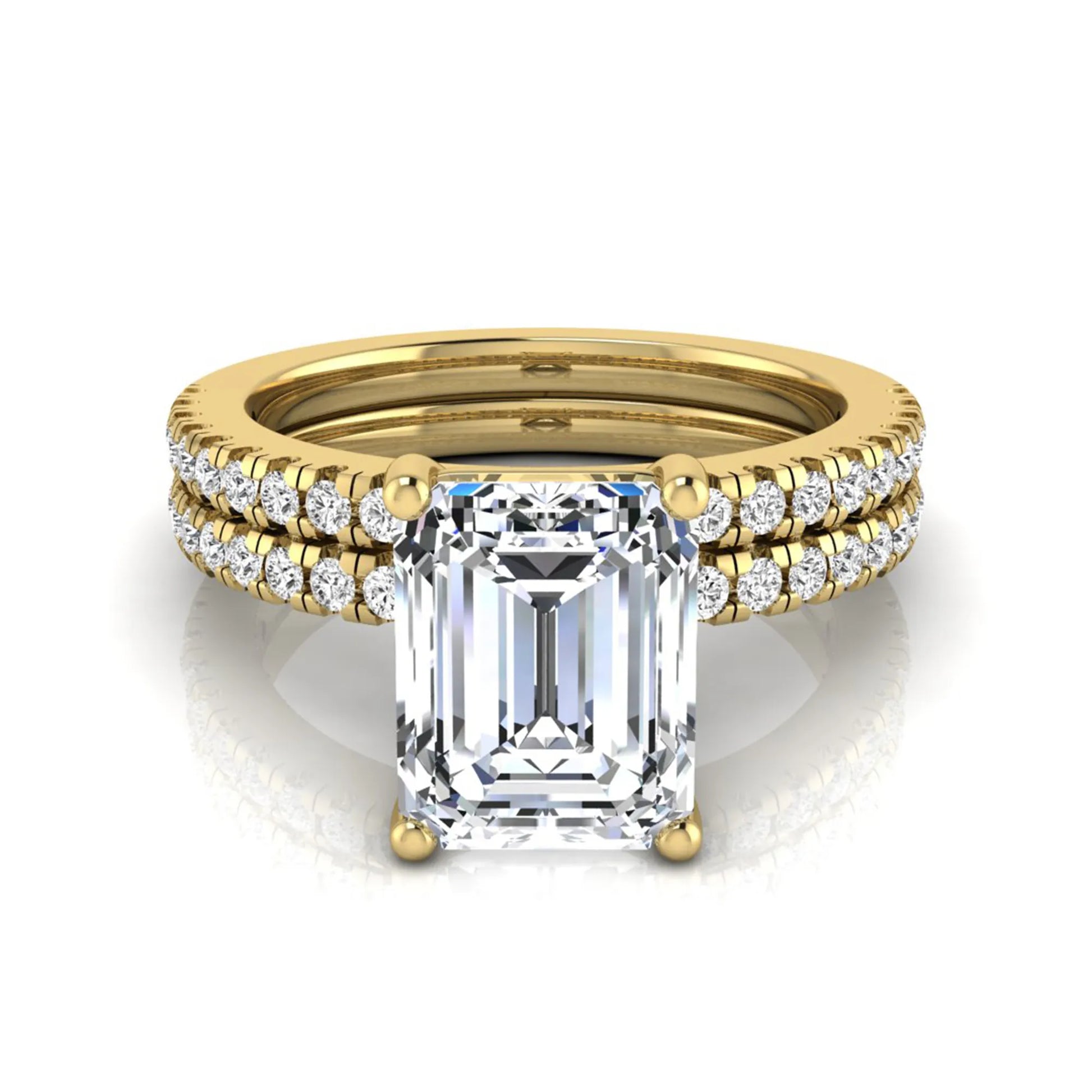Radiant lab grown diamond double pavé bridal ring set featuring a 2.62 carat IGI certified radiant center diamond with matching pavé wedding band in yellow gold.
