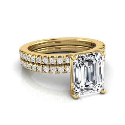Radiant lab grown diamond double pavé bridal ring set featuring a 2.62 carat IGI certified radiant center diamond with matching pavé wedding band in yellow gold.
