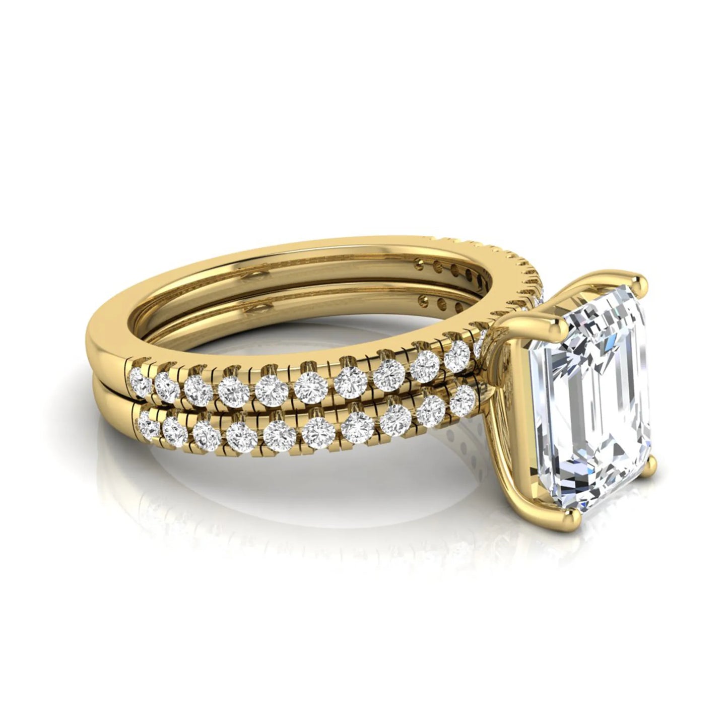 Radiant lab grown diamond double pavé bridal ring set featuring a 2.62 carat IGI certified radiant center diamond with matching pavé wedding band in yellow gold.