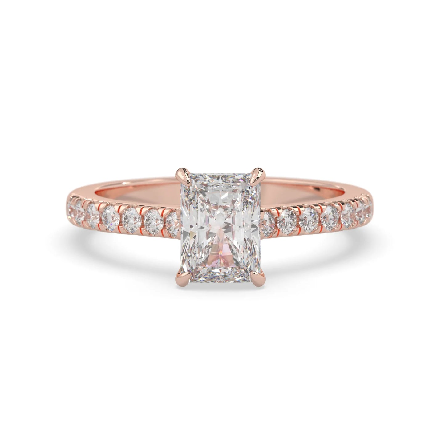 radiant cut lab grown diamond prong set engagement ring with pavé band and rose gold metal tone design