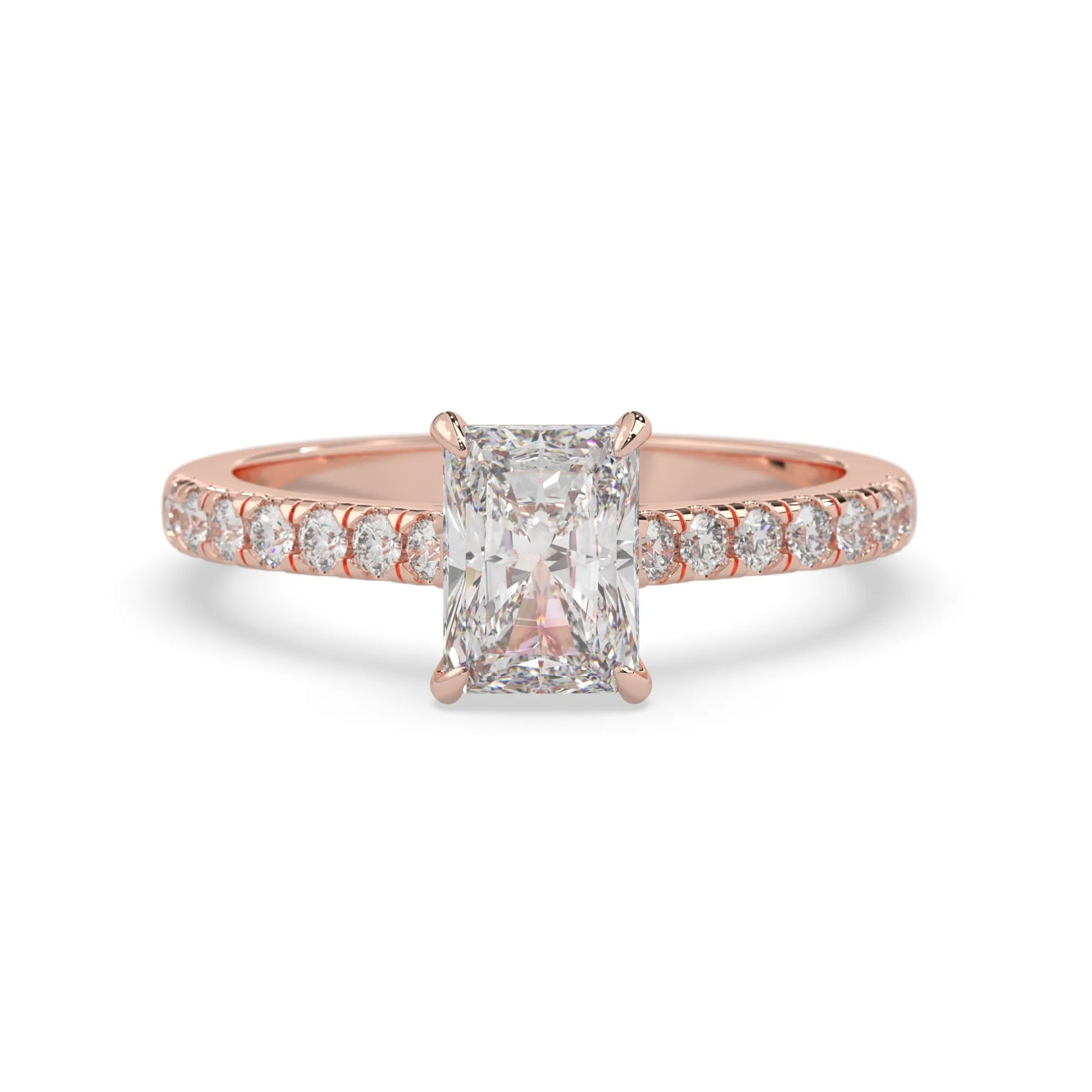 radiant cut lab grown diamond prong set engagement ring with pavé band and rose gold metal tone design