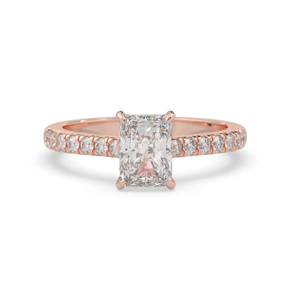 radiant cut lab grown diamond prong set engagement ring with pavé band and rose gold metal tone design
