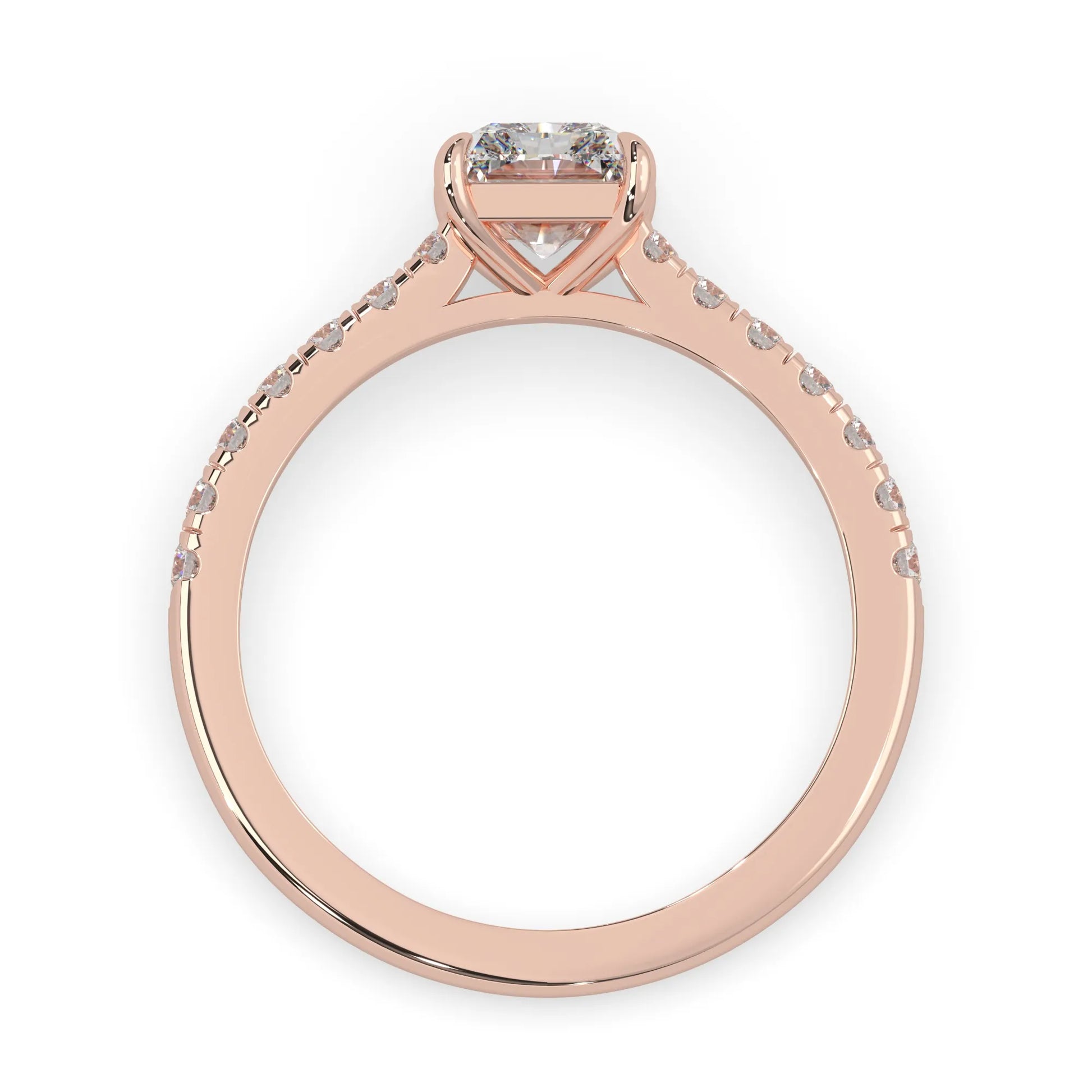 radiant cut lab grown diamond prong set engagement ring with pavé band and rose gold metal tone design