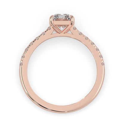 radiant cut lab grown diamond prong set engagement ring with pavé band and rose gold metal tone design